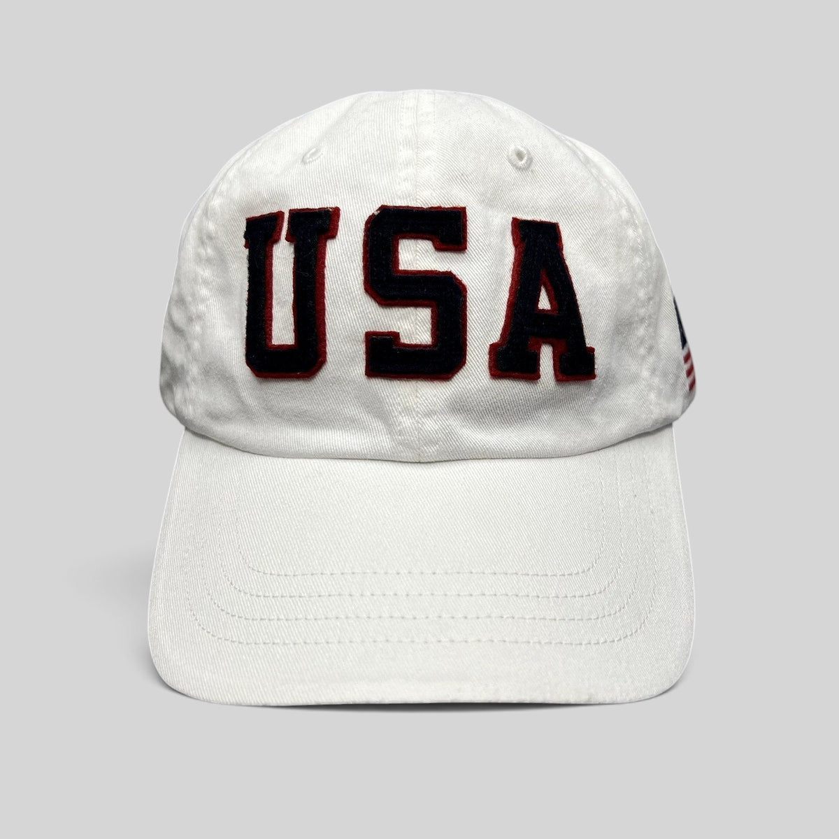 Raree Finds Polo Ralph Lauren Team USA white cotton strapback hat with navy and red felt USA applique lettering
