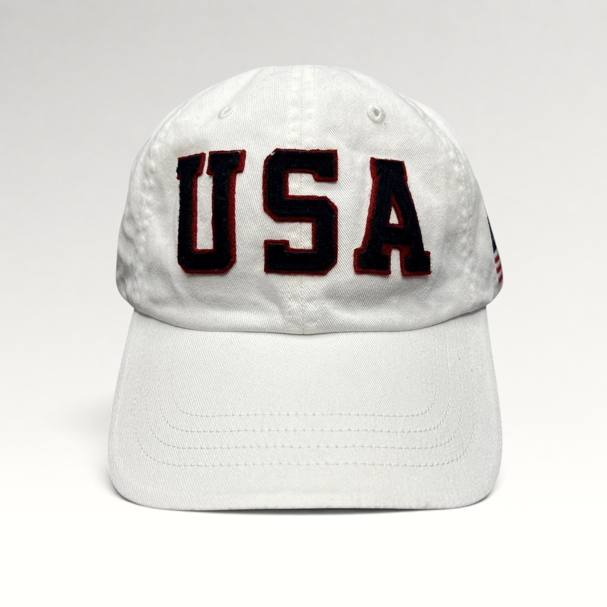 Raree Finds Polo Ralph Lauren Team USA white cotton strapback hat with navy and red felt USA applique lettering