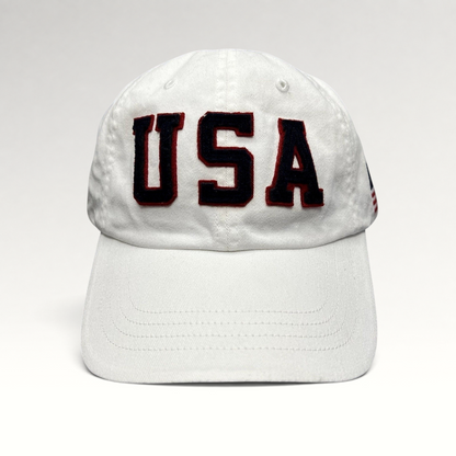 Raree Finds Polo Ralph Lauren Team USA white cotton strapback hat with navy and red felt USA applique lettering