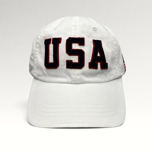 Raree Finds Polo Ralph Lauren Team USA white cotton strapback hat with navy and red felt USA applique lettering