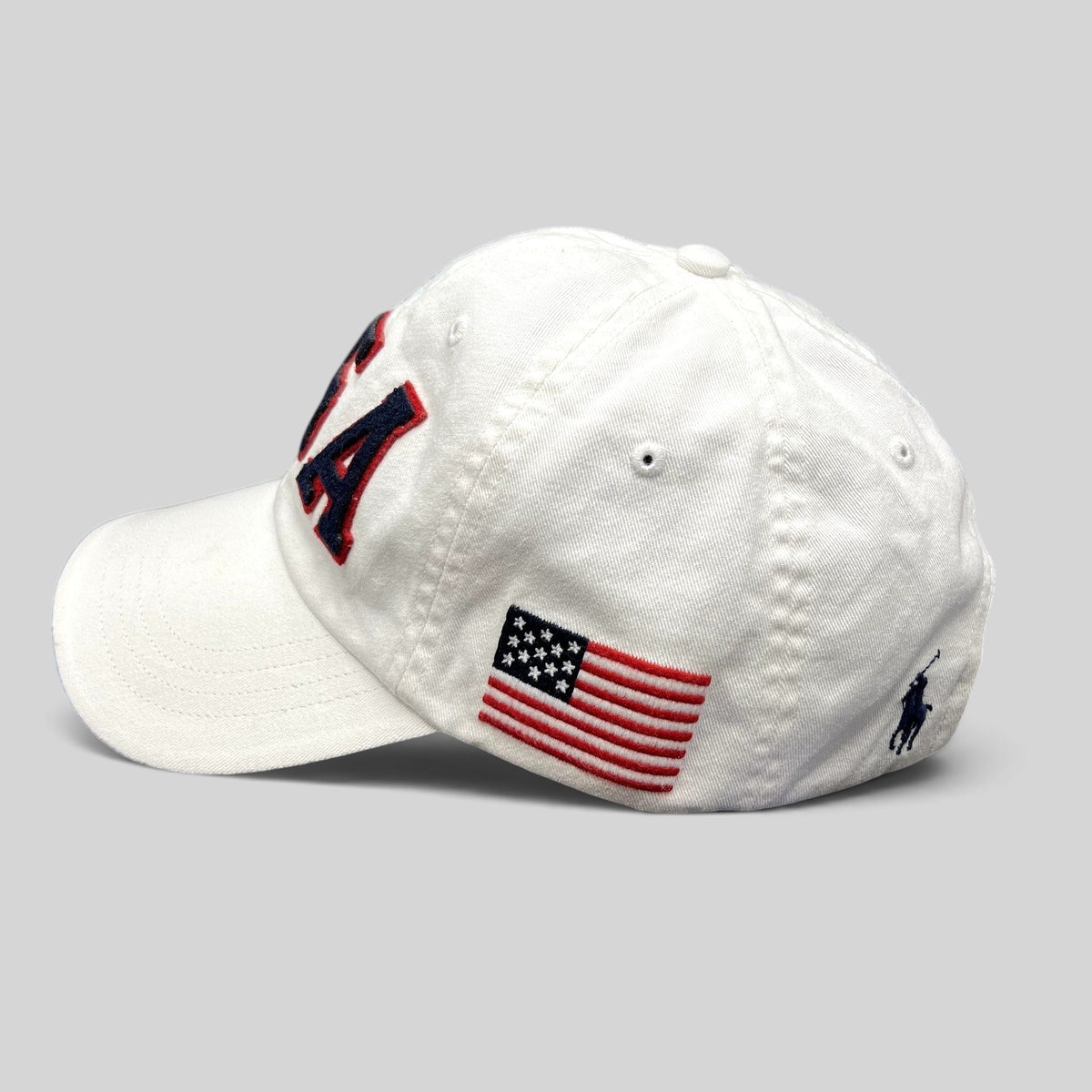 Raree Finds white Polo Ralph Lauren Team USA Olympic strapback hat with navy and red felt lettering and side flag