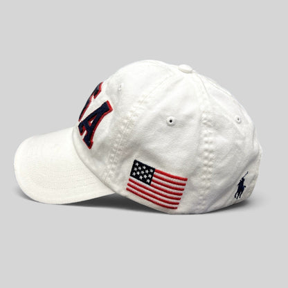 Raree Finds white Polo Ralph Lauren Team USA Olympic strapback hat with navy and red felt lettering and side flag