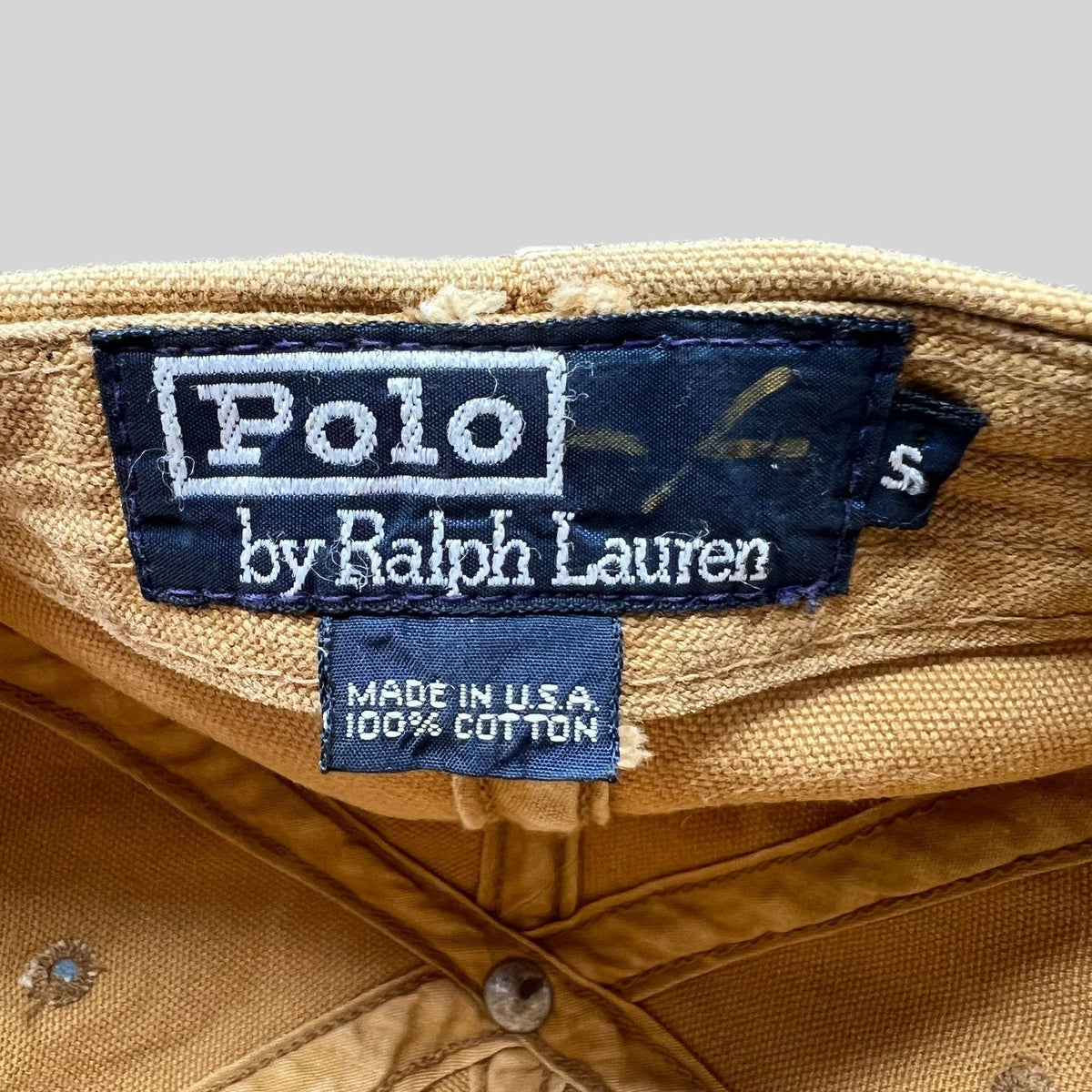 Raree Finds vintage Polo Ralph Lauren Sportsman hat interior label showing Made in USA and 100% cotton construction