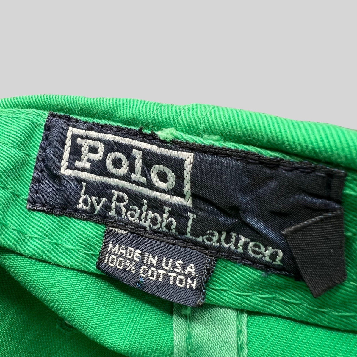 Raree Finds vintage Polo Ralph Lauren green cotton hat interior label showing Made in USA branding
