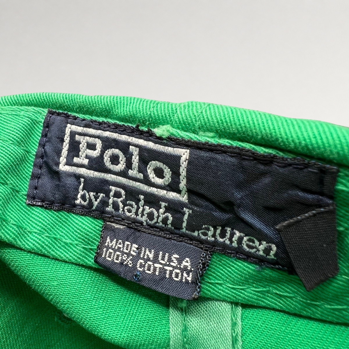 Raree Finds vintage Polo Ralph Lauren green cotton hat interior label showing Made in USA branding