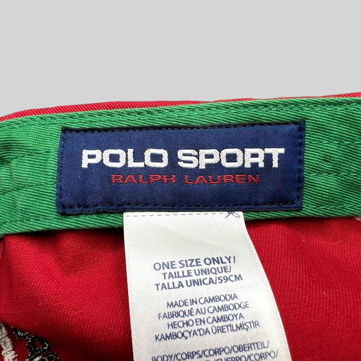 Raree Finds Polo Sport Ralph Lauren hat interior label with green undervisor and red cotton fabric details.