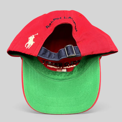 Raree Finds vintage red Polo Sport Ralph Lauren strapback cap with green undervisor and rear embroidered pony logo