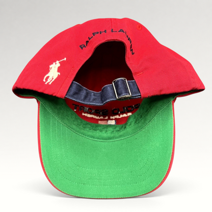 Raree Finds vintage red Polo Sport Ralph Lauren strapback cap with green undervisor and rear embroidered pony logo