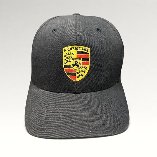 Raree Finds black Porsche Woodland Hills Flexfit hat with embroidered crest logo on the front