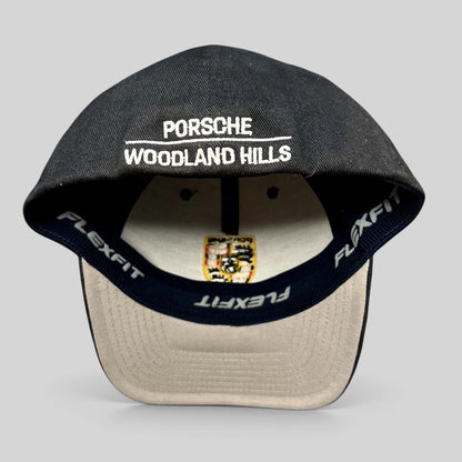 Raree Finds black Porsche Woodland Hills Flexfit cap showing interior embroidery and Porsche crest logo