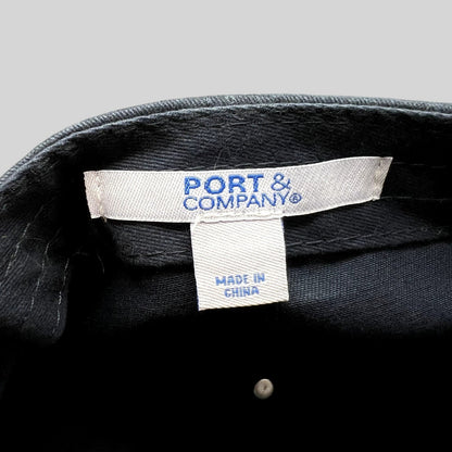 Raree Finds navy blue cotton strapback hat interior showing Port & Company brand label and Made in China tag