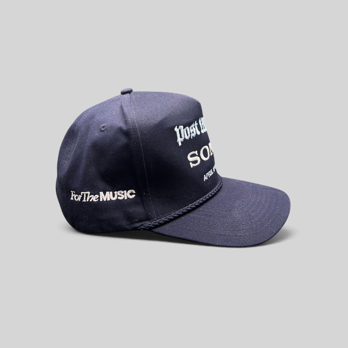 Raree Finds navy blue snapback hat with Post Malone and Sony embroidery, rope brim, and For The Music side logo.