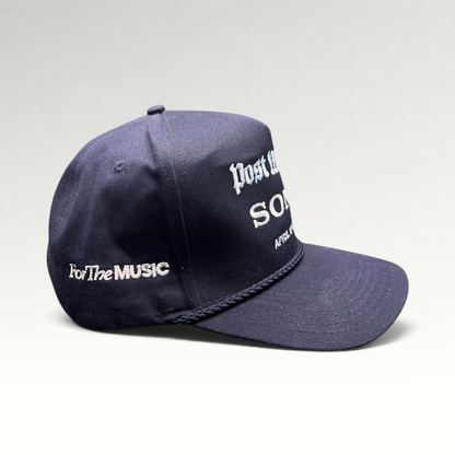 Raree Finds navy blue snapback hat with Post Malone and Sony embroidery, rope brim, and For The Music side logo.