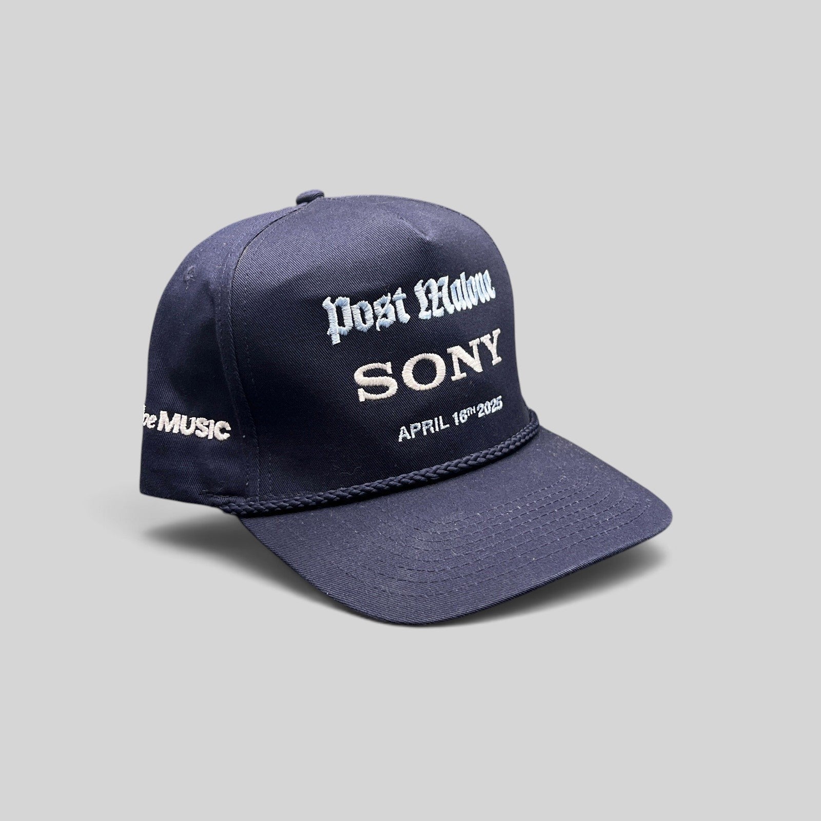 Raree Finds navy blue Post Malone x Sony promo snapback hat with rope brim and embroidered event date details.
