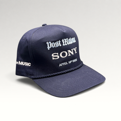 Raree Finds navy blue Post Malone x Sony promo snapback hat with rope brim and embroidered event date details.