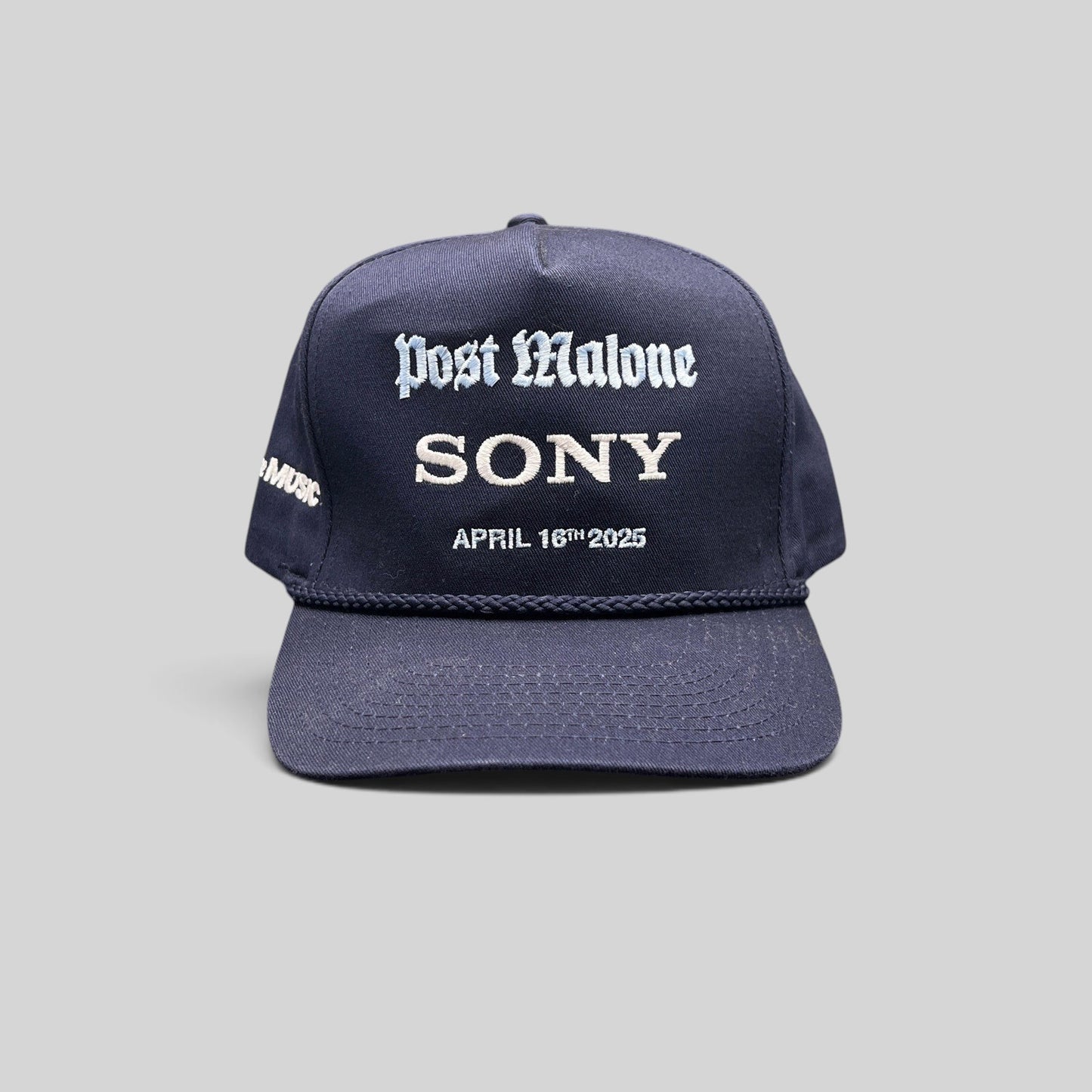 Raree Finds navy blue Post Malone x Sony promo snapback hat with rope brim and event embroidery