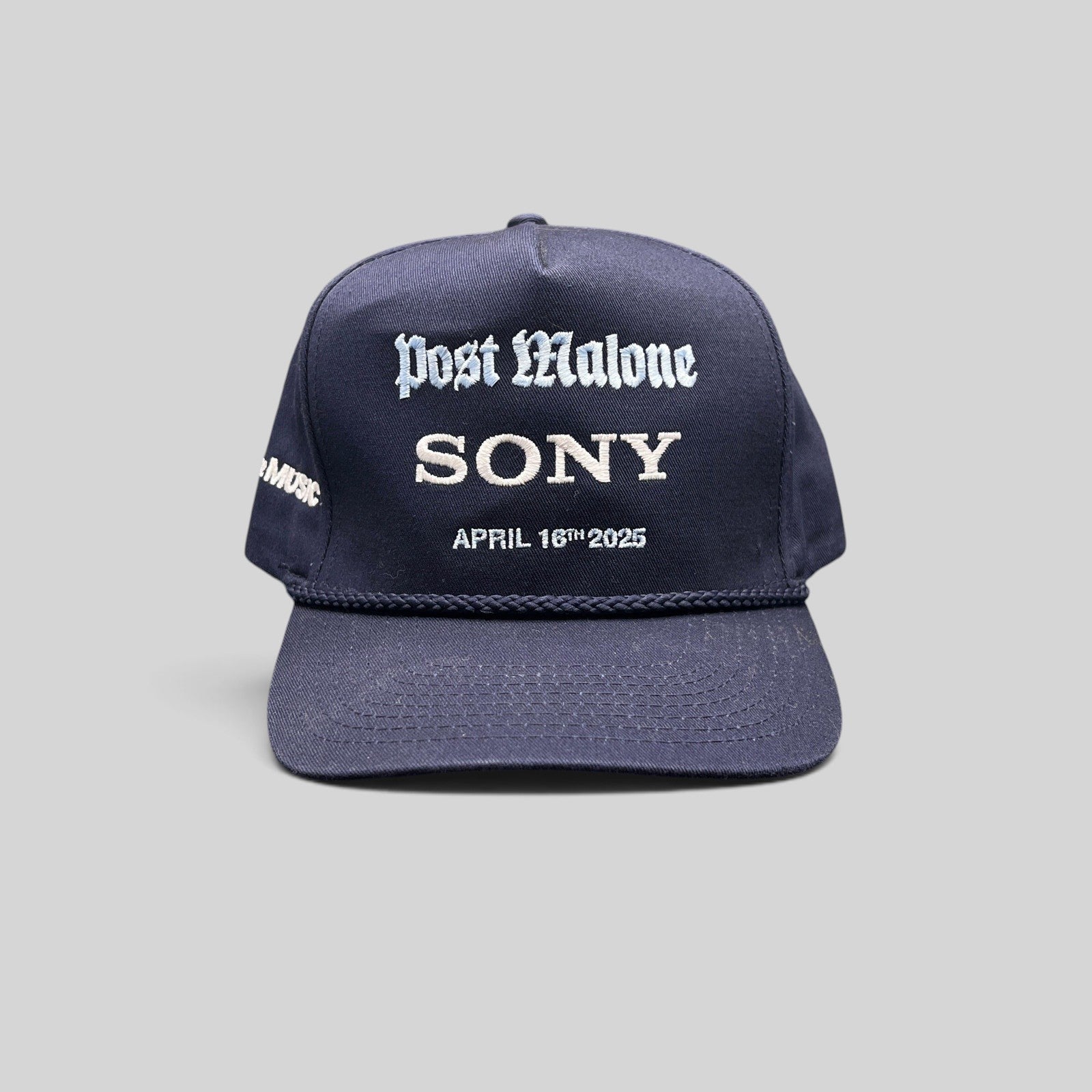 Raree Finds navy blue Post Malone x Sony promo snapback hat with rope brim and event embroidery