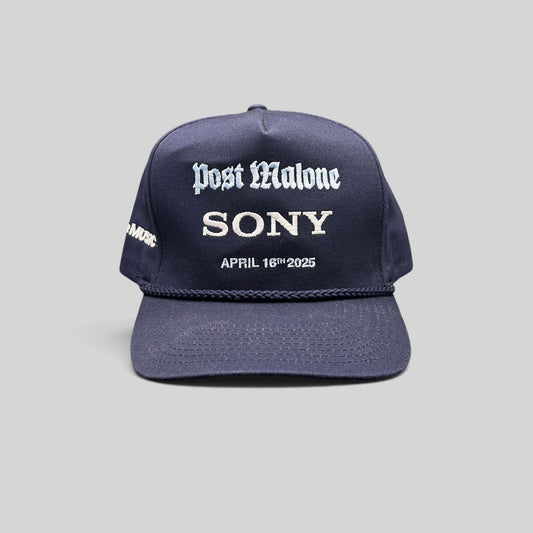 Raree Finds navy blue Post Malone x Sony promo snapback hat with rope brim and event embroidery
