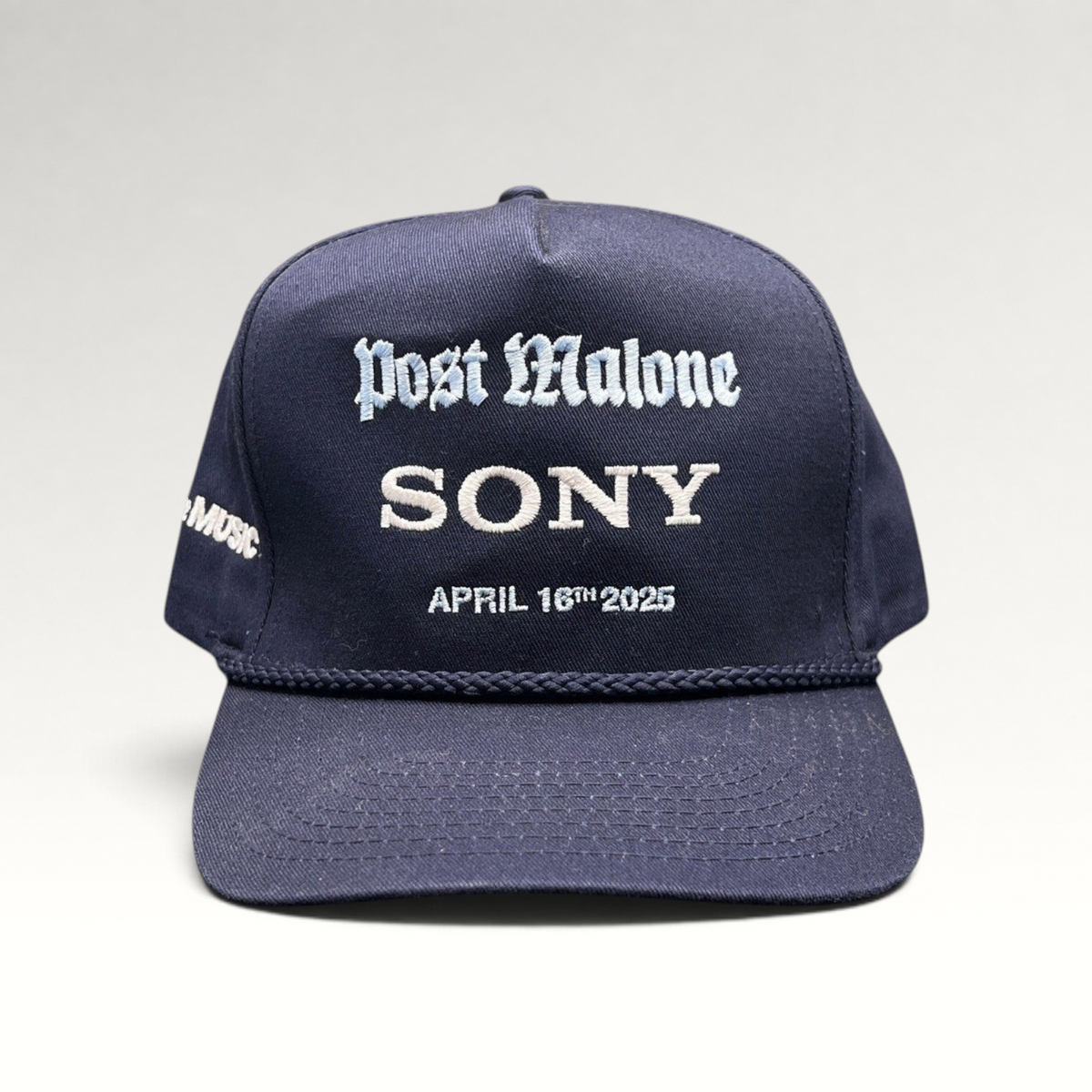 Raree Finds navy blue Post Malone x Sony promo snapback hat with rope brim and event embroidery
