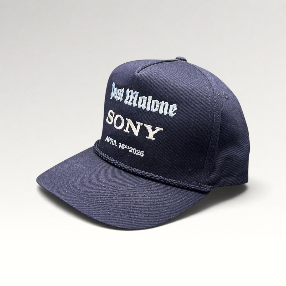 Raree Finds navy blue Post Malone x Sony promo snapback hat with rope brim and event embroidery