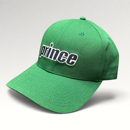 Raree Finds Prince Pickleball green strapback hat with bold navy and white embroidered script logo on the crown