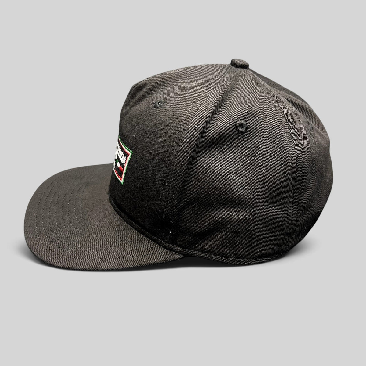 Raree Finds Prince St Pizza Los Angeles black snapback hat with embroidered Italian flag logo and green undervisor