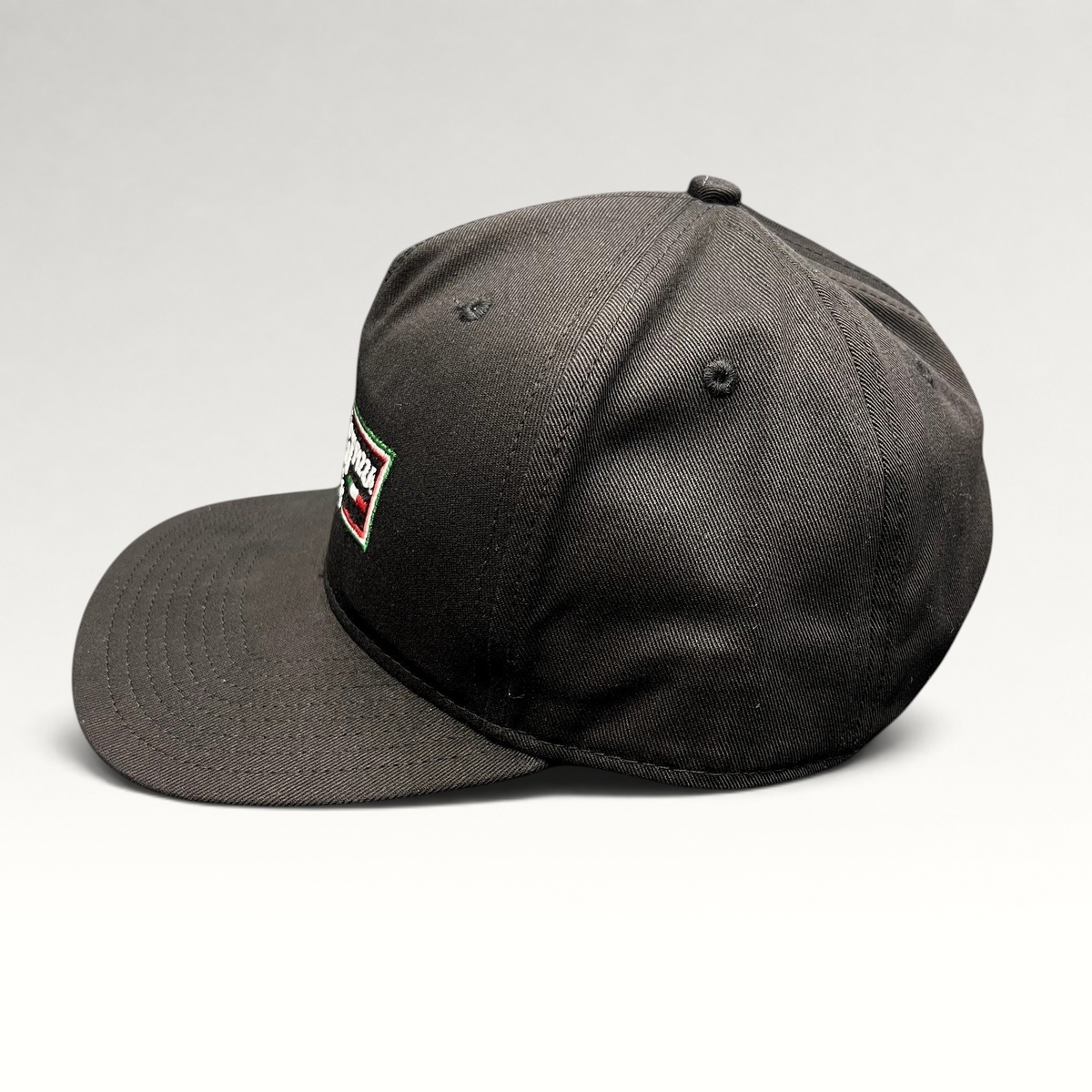 Raree Finds Prince St Pizza Los Angeles black snapback hat with embroidered Italian flag logo and green undervisor