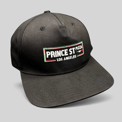 Raree Finds black Prince St Pizza Los Angeles snapback hat with embroidered Italian flag logo and green undervisor
