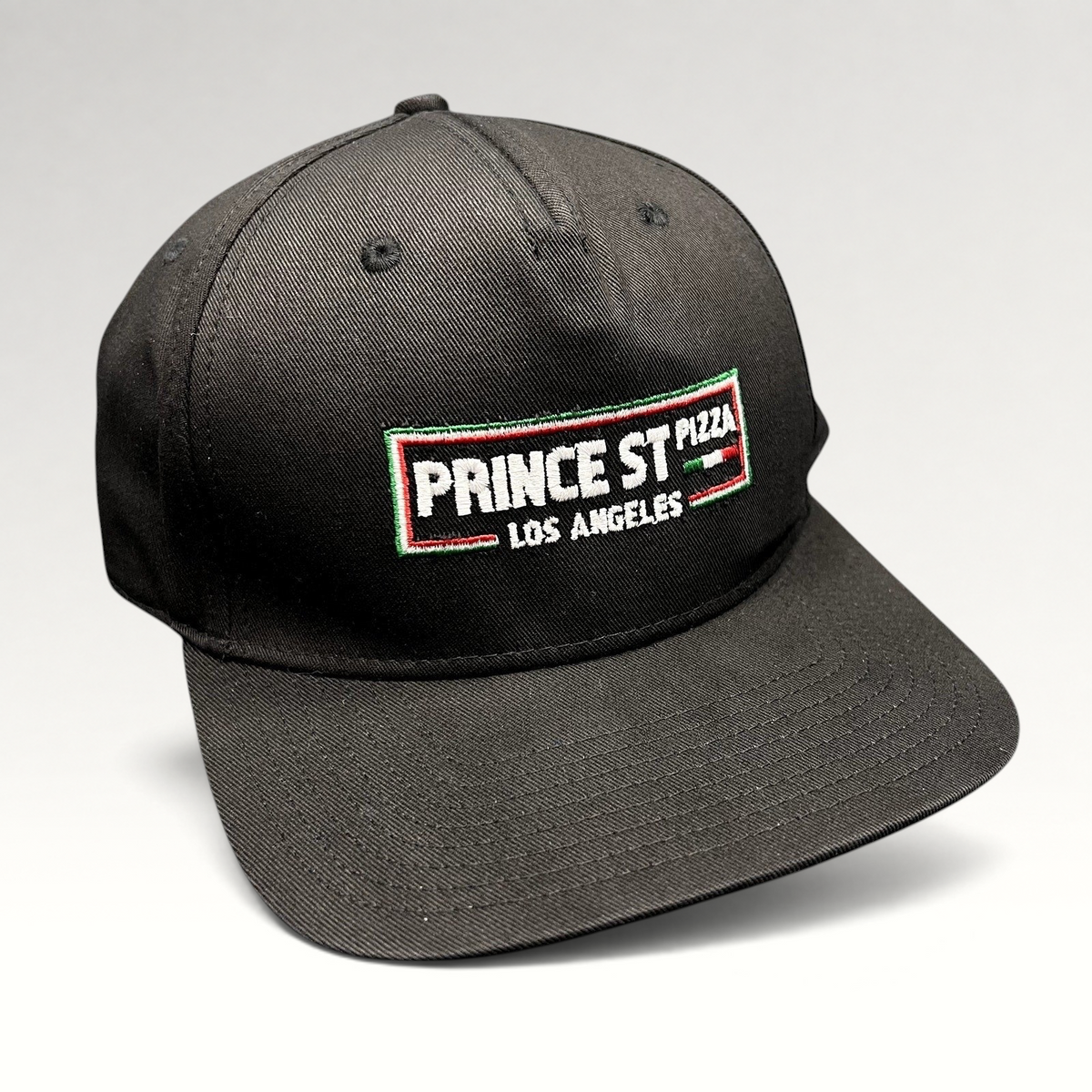Raree Finds black Prince St Pizza Los Angeles snapback hat with embroidered Italian flag logo and green undervisor