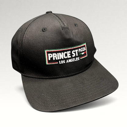 Raree Finds black Prince St Pizza Los Angeles snapback hat with embroidered Italian flag logo and green undervisor