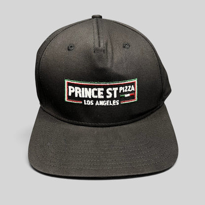 Raree Finds black Prince St Pizza Los Angeles snapback hat with embroidered Italian flag logo and green undervisor.