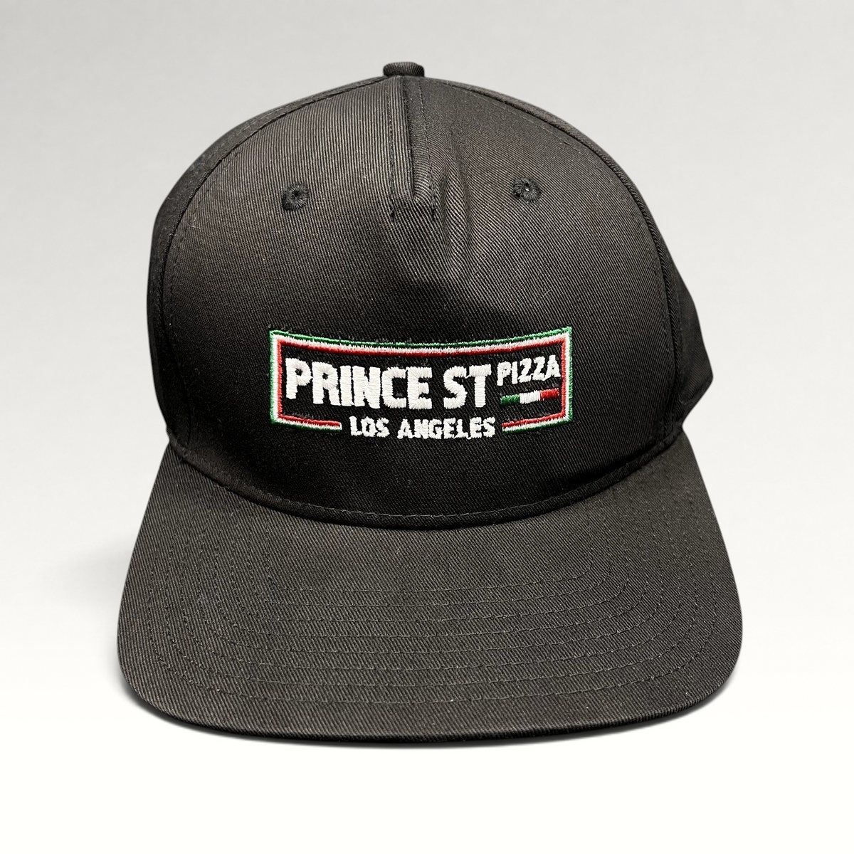 Raree Finds black Prince St Pizza Los Angeles snapback hat with embroidered Italian flag logo and green undervisor.