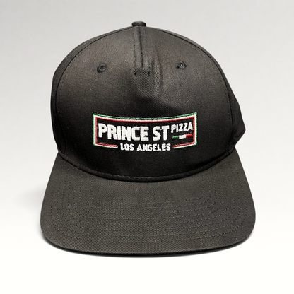 Raree Finds black Prince St Pizza Los Angeles snapback hat with embroidered Italian flag logo and green undervisor.