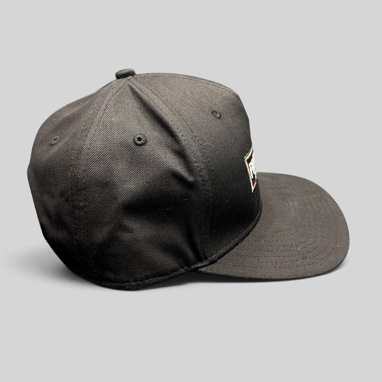 Raree Finds Prince St Pizza Los Angeles black snapback hat with embroidered Italian flag logo and green undervisor