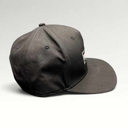 Raree Finds Prince St Pizza Los Angeles black snapback hat with embroidered Italian flag logo and green undervisor
