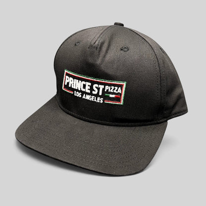 Raree Finds black Prince St Pizza Los Angeles snapback hat with embroidered Italian flag logo and green undervisor