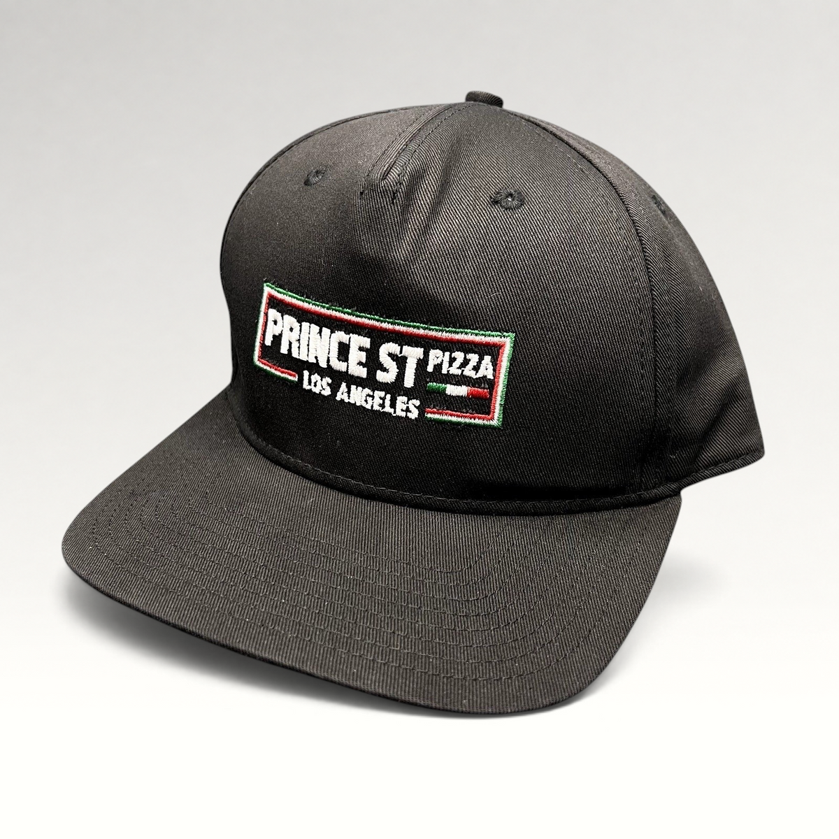 Raree Finds black Prince St Pizza Los Angeles snapback hat with embroidered Italian flag logo and green undervisor