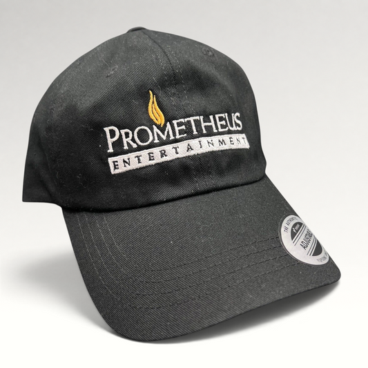 Raree Finds black Yupoong strapback hat with white and orange Prometheus Entertainment logo embroidery