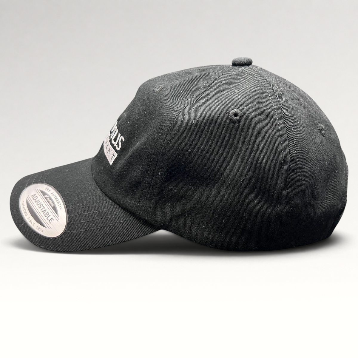 Raree Finds black Yupoong strapback hat with white Prometheus Entertainment logo embroidery and curved brim