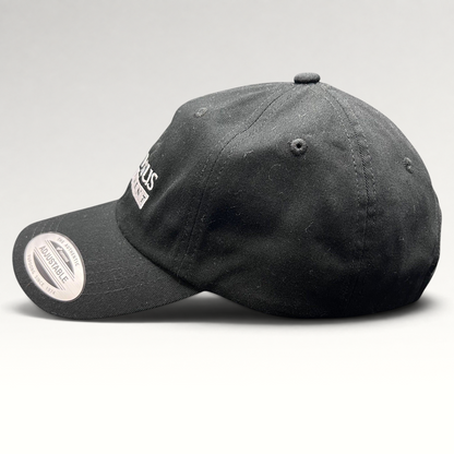 Raree Finds black Yupoong strapback hat with white Prometheus Entertainment logo embroidery and curved brim