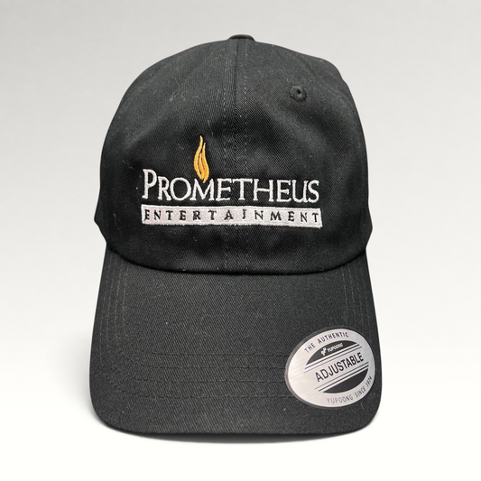 Raree Finds black Yupoong strapback hat with embroidered Prometheus Entertainment logo and original brim sticker