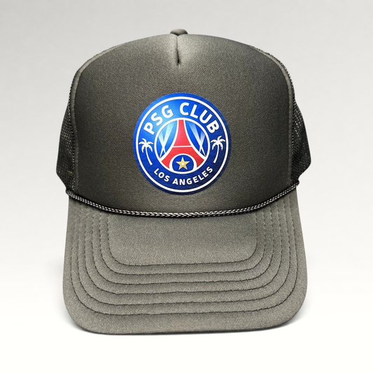 Raree Finds PSG Club Los Angeles trucker hat in charcoal gray and black with a soccer-inspired crest and mesh back.