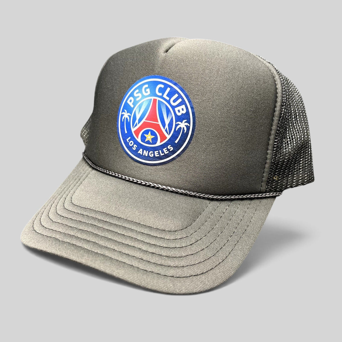 Raree Finds PSG Club Los Angeles charcoal gray and black mesh trucker hat with a soccer-inspired crest graphic