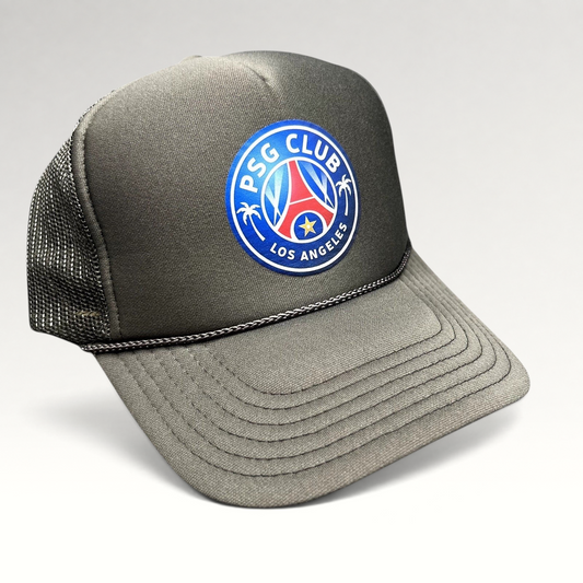 Raree Finds PSG Club Los Angeles charcoal gray and black mesh trucker hat with a soccer-inspired crest graphic.