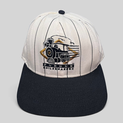 Raree Finds vintage Purdue Boilermakers snapback hat with white pinstripe crown, black bill, and embroidered train logo.