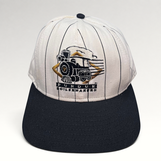 Raree Finds vintage Purdue Boilermakers snapback hat with white pinstripe crown, black bill, and embroidered train logo.