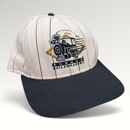 Raree Finds vintage Purdue Boilermakers snapback hat with white pinstripe crown, black bill, and embroidered train logo.