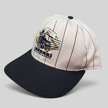 Raree Finds vintage Purdue Boilermakers snapback hat with white pinstripe crown, black bill, and embroidered train logo.