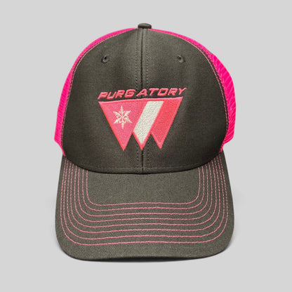 Raree Finds vintage 90s Purgatory Racing snapback hat in black cotton with neon pink mesh and embroidered ski logo.