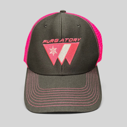Raree Finds vintage 90s Purgatory Racing snapback hat in black cotton with neon pink mesh and embroidered ski logo.